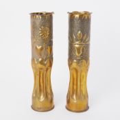 Trench Art, pair of shell cases, height 34cm decorated with stylised flowers.