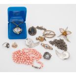 An interesting mixed lot of jewellery to include a string of coral beads, 31.00gm, an Edelweiss