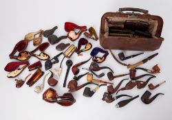 Pipes, a mixed collection of Antique and novelty pipes, leather pipes, also Gladstone bag etc.