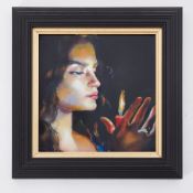 Bennett, oil on board 'Girl With Candle' signed to the reverse and dated 2015, 26cm x 26cm, framed.
