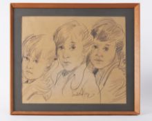 Robert Lenkiewicz (1941-2002) a signed pencil sketch 'Young Children' 37cm x 45cm, circa 70's,