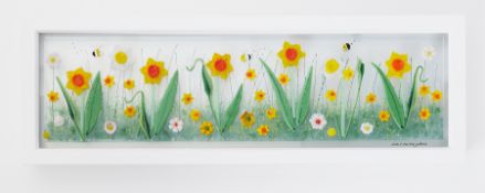 Lou from Lou C fused glass, 'Daffodil's & Bees', signed, 14cm x 54cm, framed. Louise is a Plymouth