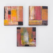 Rosie Cunningham, British artist, 'Dartmoor Abstract', a triptych signed acrylic on canvas, 20cm x