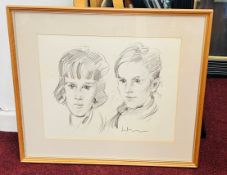 Robert Lenkiewicz (1941-2002) a signed pencil sketch 'Girl & Boy', 38cm x 47cm, framed and glazed.