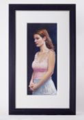 Piran Bishop, 'Girl with Pink Top' oil on canvas, signed to reverse, 52cm x 22cm, framed and