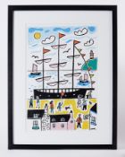 Arth Lawr, ink and acrylic on paper, 'A Tall Ship on Plymouth Barbican' signed, framed and glazed,