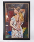 Bennett, an oil on canvas 'Study of Girl in White Dress' signed to the reverse, 87cm x 87cm,