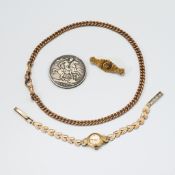A mixed lot to include a 9ct gold watch chain, 32.89gm, a 9ct gold cased & bracelet Rotary