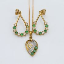 A pair of 9ct gold diamond and emerald earrings together with a 9ct gold diamond and emerald