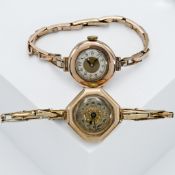 An antique 9ct yellow gold cased hexagonal wristwatch with flower engraved face & a 9ct yellow