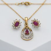 A 9ct yellow gold diamond and ruby necklace together with a pair of 9ct gold diamond and ruby stud