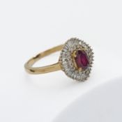 A 9ct gold ruby and diamond cluster ring, size T.