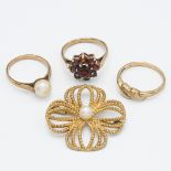 Three 9ct gold rings and a 9ct gold pearl brooch, approx 9g (4).