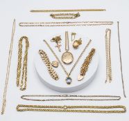 A large quantity of 9ct gold including gate bracelet, link bracelet, necklaces etc, approx 196.1g.
