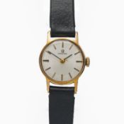 Omega, a ladies small face wristwatch on original black leather strap with Omega clasp.