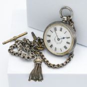 A ladies ornately engraved silver fob watch with hand painted flowers to the white dial, Birmingham,