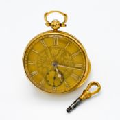 An 18ct yellow gold key wind pocket watch with roman numerals, with sub second dial, movement marked