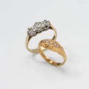A 14ct yellow gold 'gypsy' style ring set with five old round cut diamonds, 2.18gm, size J and a