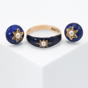 An antique 15ct yellow gold ring with blue enamelling & a central star design set with a seed pearl,