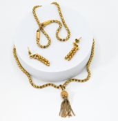 A Continental yellow gold box link style chain with a yellow gold ball & tassel drop pendant,