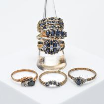 Six 9ct gold sapphire and diamond dress rings, approx 17.7g.