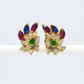 A pair of 21k yellow gold earrings set with marquise shaped sapphires & rubes with a central pear