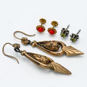 A pair of Victorian gold plated earrings, gold and coral? round stud earrings (not hallmarked) and a