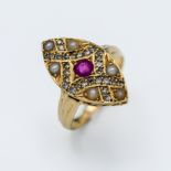 A 15ct yellow gold ruby, diamond and pearl marquise shaped ring, centre ruby approx 20 points with