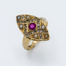 A 15ct yellow gold ruby, diamond and pearl marquise shaped ring, centre ruby approx 20 points with