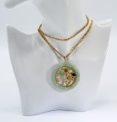 An 18ct yellow gold 28" fancy link box chain, 15.00gm, with a 14ct yellow gold round jade 'donut'