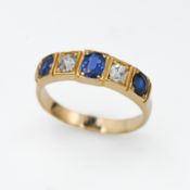A yellow gold diamond and sapphire ring, size N (not hallmarked or tested).