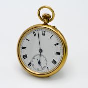 An 18ct yellow gold open face and key less pocket watch with roman numerals and sub second dial,