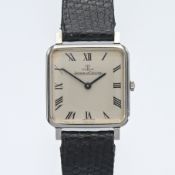 Jaeger Le Coultre, a vintage Jaeger Le Coultre square shaped stainless steel wristwatch on black