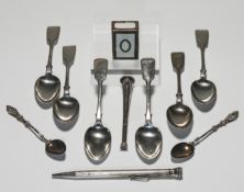 Set of six Victorian silver tea spoons, Exeter, 3.24oz, unusual whistle, pen, enamelled Chester