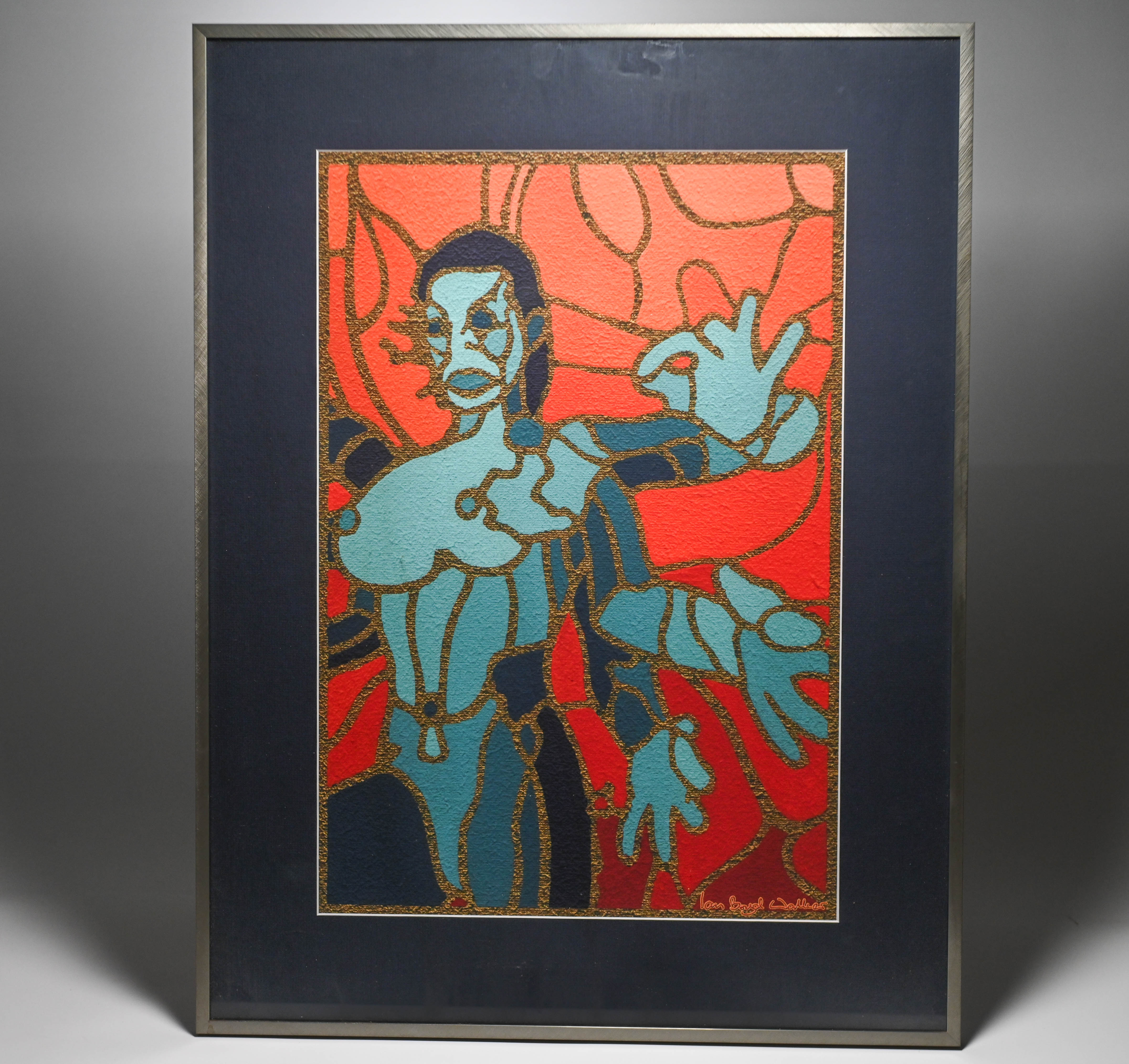 Ian Boyd Wallis, print of an abstracted blue female deity against red background, 73cm x 55.5cm