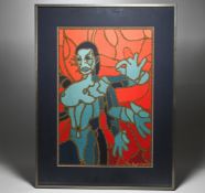 Ian Boyd Wallis, print of an abstracted blue female deity against red background, 73cm x 55.5cm