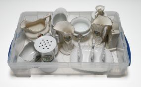 Collection of Plymouth Crested Ware, 11 pieces including Toast Rack, Hat Pin Holder, several Jugs