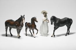 Two Beswick horses, Royal Doulton horse and a Nao figure (4).