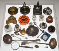 A collection of various Victorian and later inkwells including capstan inkwell together with some