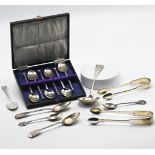 A selection of silver spoons, tongs, etc, total weight 6.01oz and a boxed set of silver coffee