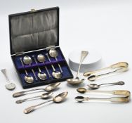 A selection of silver spoons, tongs, etc, total weight 6.01oz and a boxed set of silver coffee