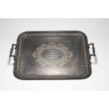 Victorian heavy silver plated serving tray by Walker & Hall, Sheffield, with carrying handles, the