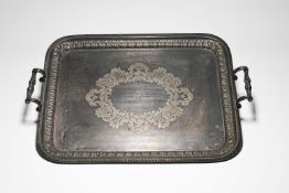 Victorian heavy silver plated serving tray by Walker & Hall, Sheffield, with carrying handles, the