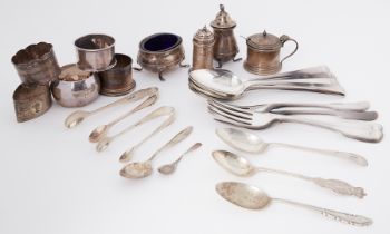 A quantity of silver items to include spoons, forks, napkin rings, tongs, pepper pot, mustard pot