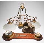 Brass binnacle compass, twin light brass fitting and marine clock barometer (3)