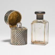 A twist silver fitted scent bottle holder, height 9cm and a silver topped glass jar (2)