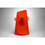 Richard Godfrey abstract ceramic sculpture, asymmetrical in form with vibrant red slip glaze, 42cm