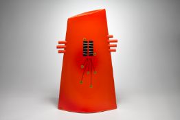 Richard Godfrey abstract ceramic sculpture, asymmetrical in form with vibrant red slip glaze, 42cm
