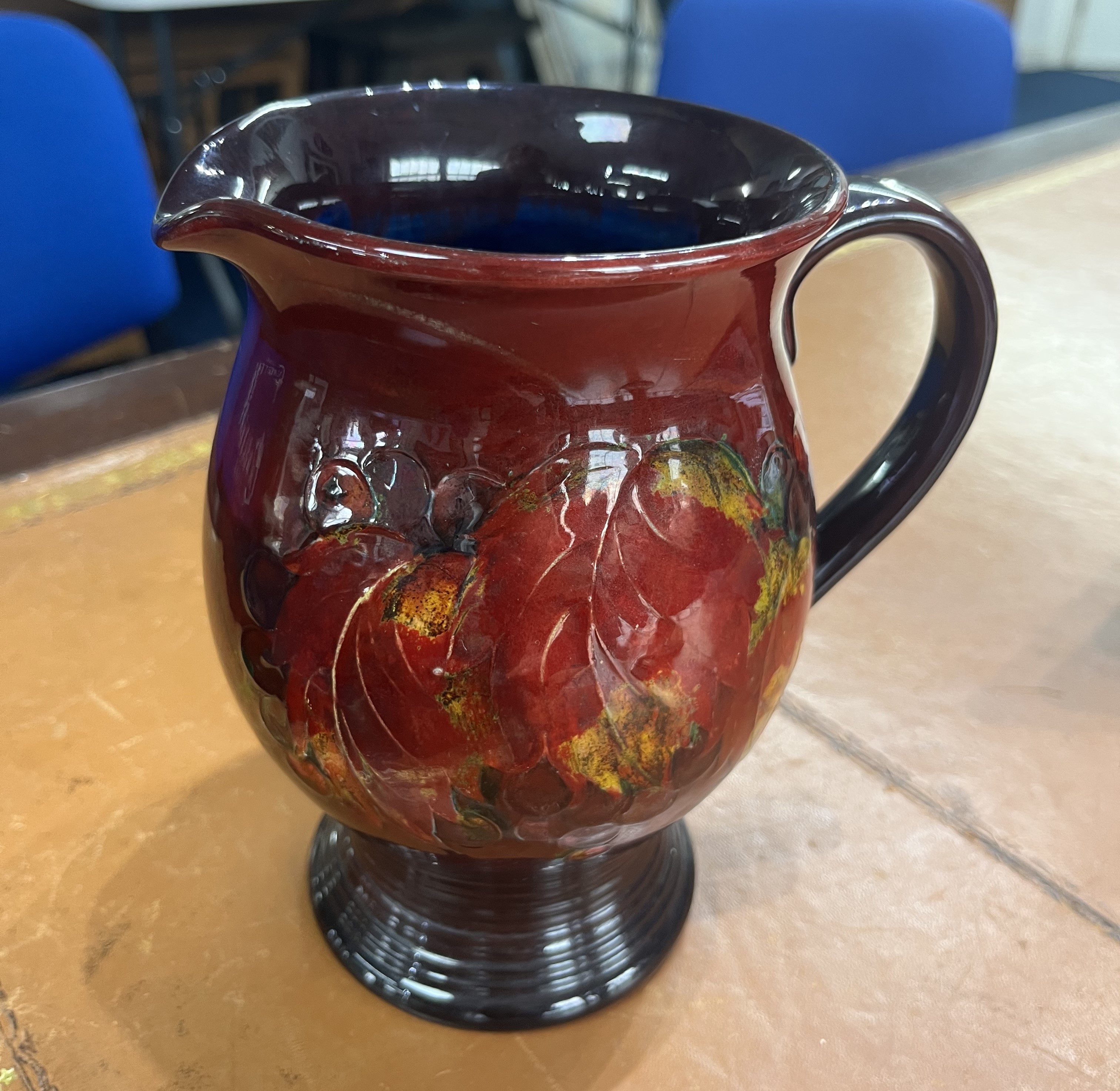 A William Moorcroft Flambe Leaf & Berries ribbed jug, 19cm height. - Image 7 of 7