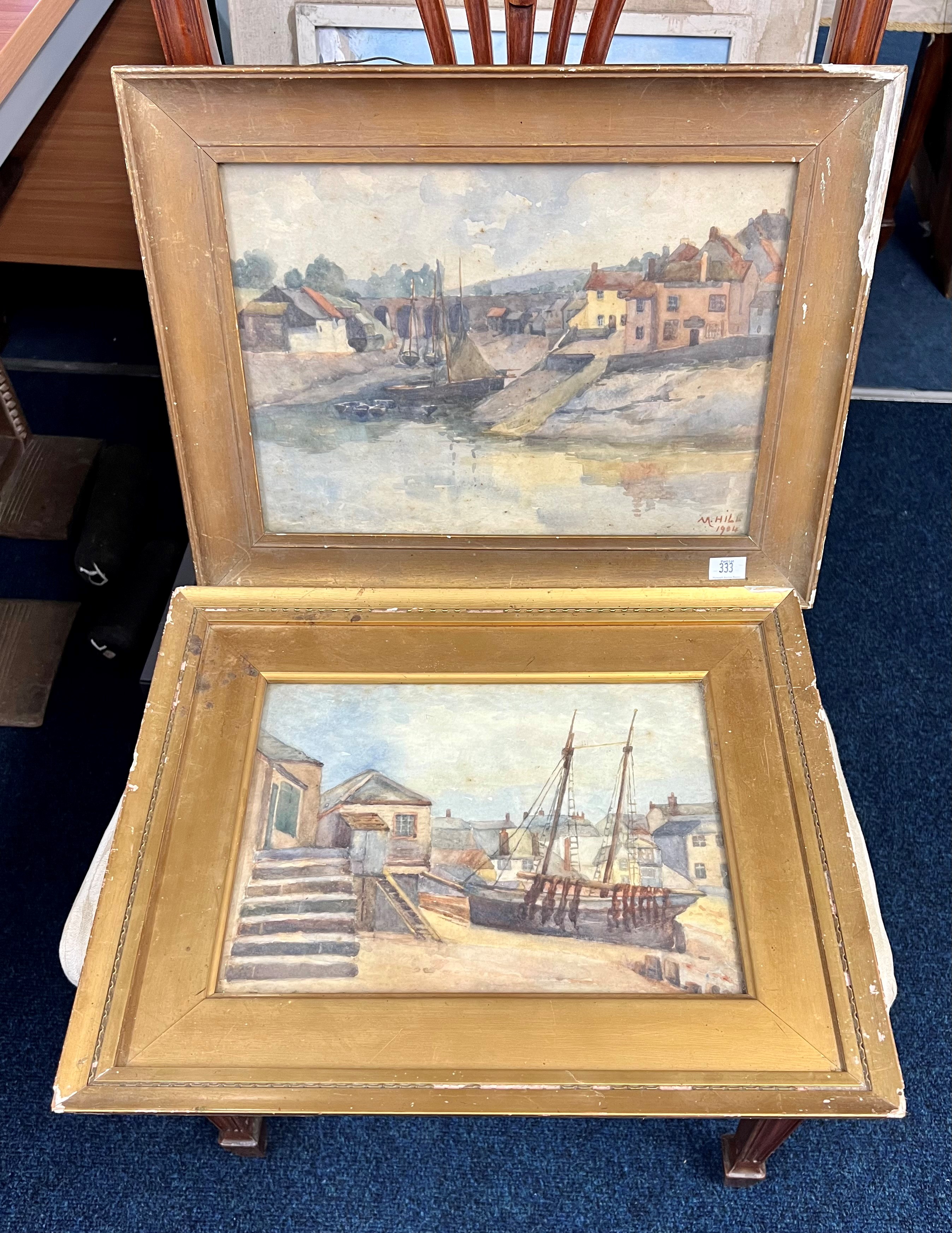 M.Hill 1904 pair of paintings, leaded glass, other general pictures and portfolio of artwork.